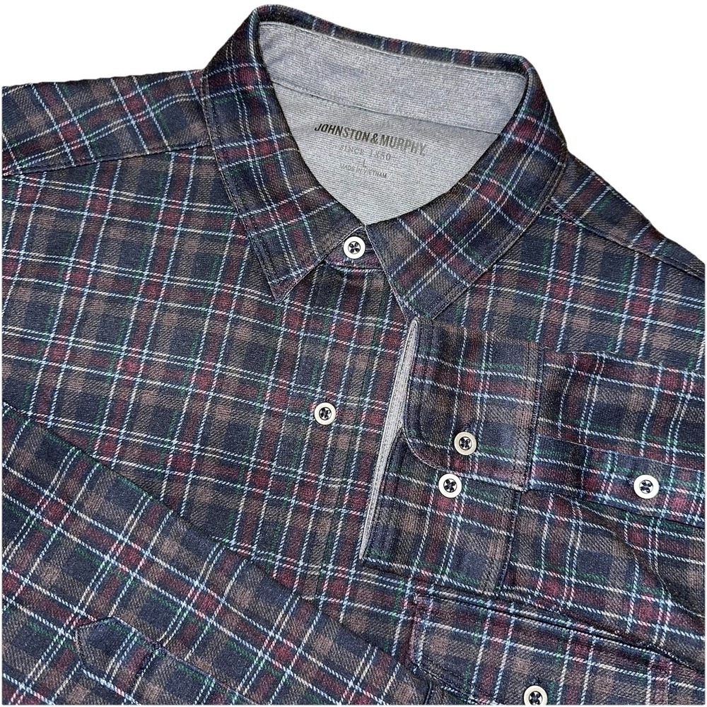 Johnston & Murphy Black Quad Check Plaid Button Up Brushed Flannel Shirt Men's L
